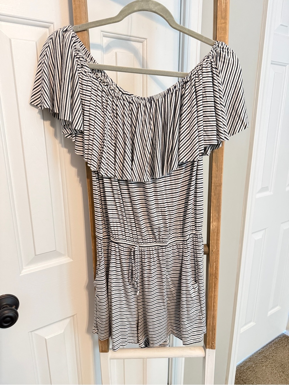 Elan Black and White Striped Off-Shoulder Romper